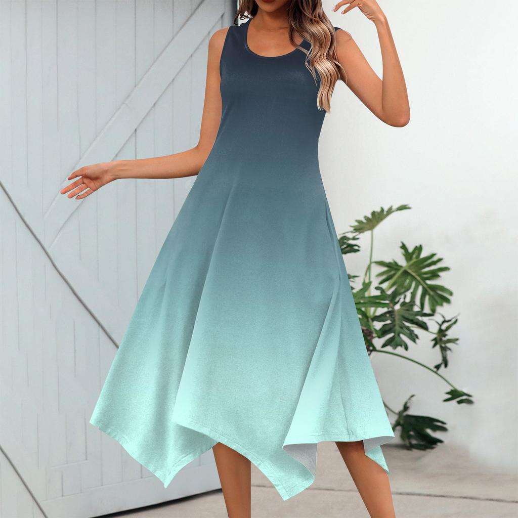 Women's Casual Fashion Round Neck Sleeveless Print Irregular Hem Midi Dress