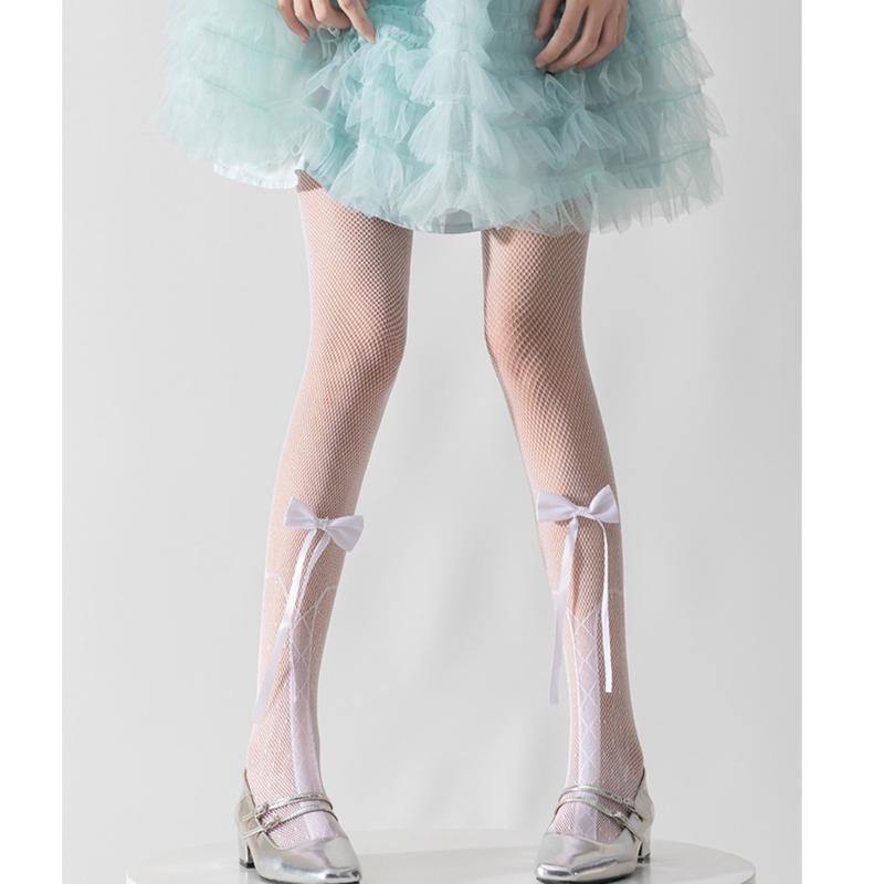 Women Japanese Ballet Sheer Mesh Pantyhose Stockings Crisscross Pattern Cute Ribbon Bowknot Fishnet Tights Leggings