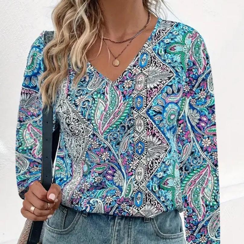 Women's Casual Sleeve Trend Printed Loose Top V-neck T-shirt