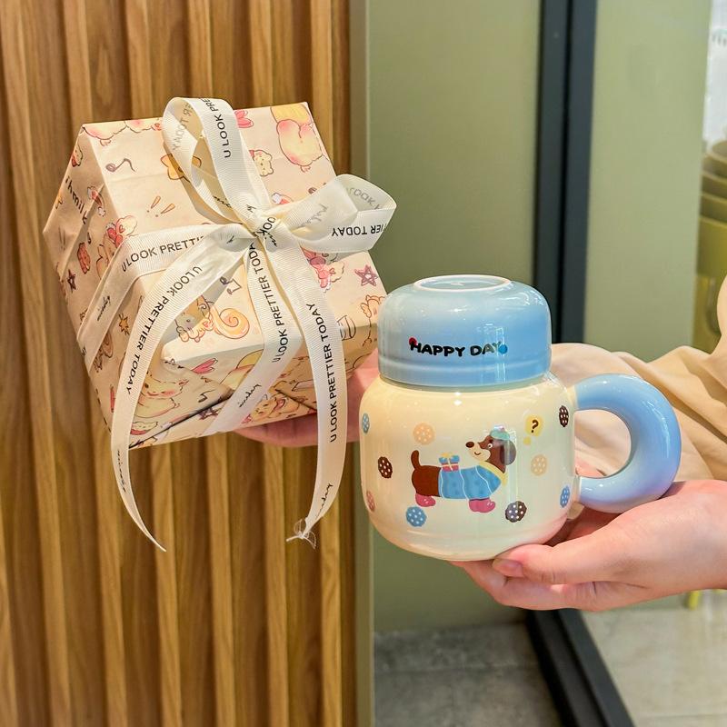 Cute Dachshund Puppy Ceramic Kettle Couple with High Value Mug with Lid To Send Birthday Gifts for Girls