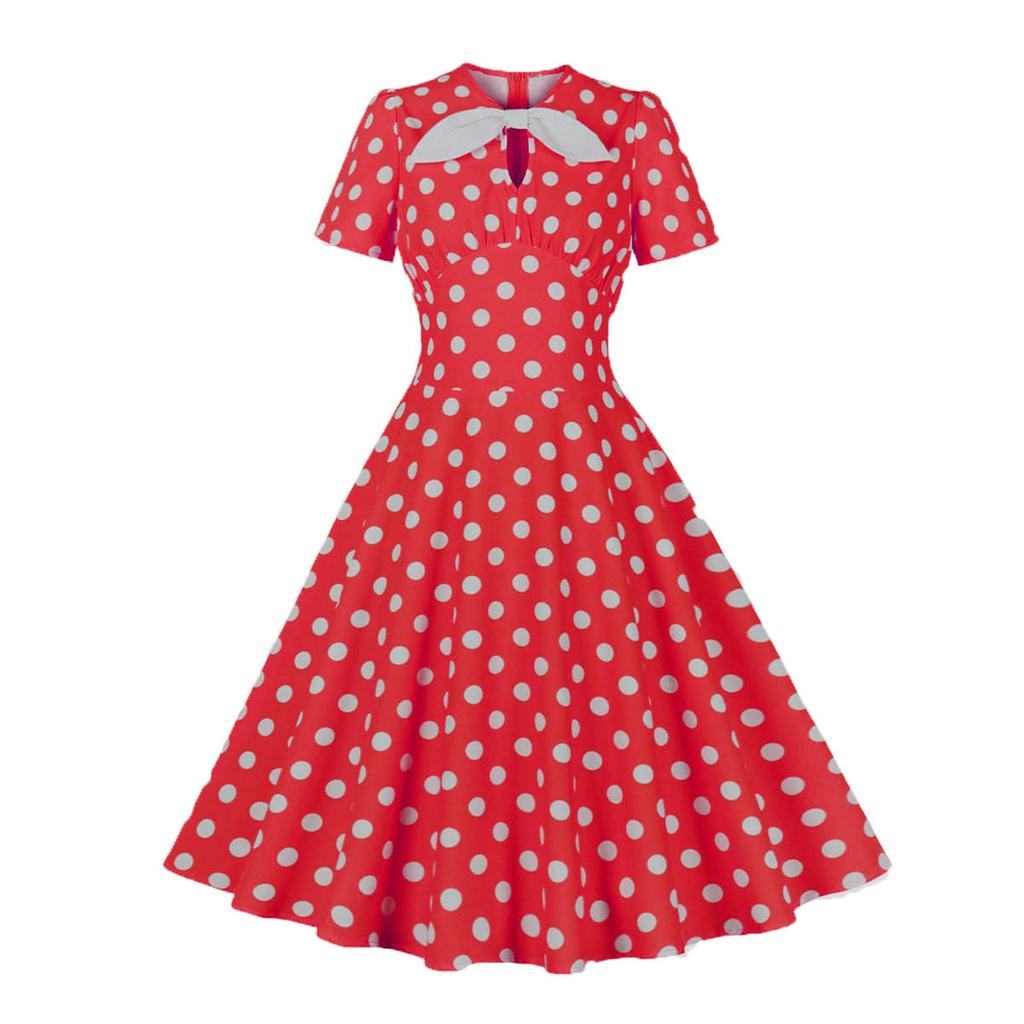 Women's Round Neck Bow Tie Polka Dot Short Sleeve Retro Swing Dress