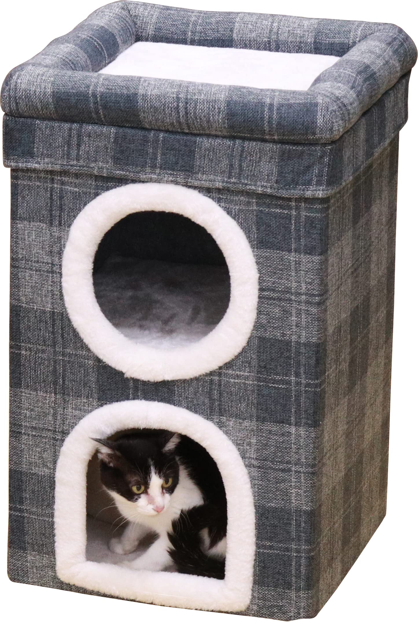 

Fujiboeki Домик/лежанка для питомцев, 2-комнатный, 40 см шириной x 40 см глубиной x 65 см высотой, серый, клетчатый узор, для собак и кошек, с кроватью на крыше, 53720, маленький