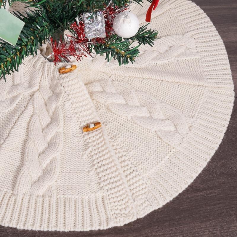 White Knitting Christmas Tree Skirts Tree Base Cover 61/92cm Diameter with Button Fastening Holiday Room Decorations