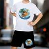 Boys 2 Piece Surfing Sloth Printed Outfit, Short Sleeve T-Shirt and Shorts Set for Kids Age 5-14,White Sporty Casual Summer Clothes