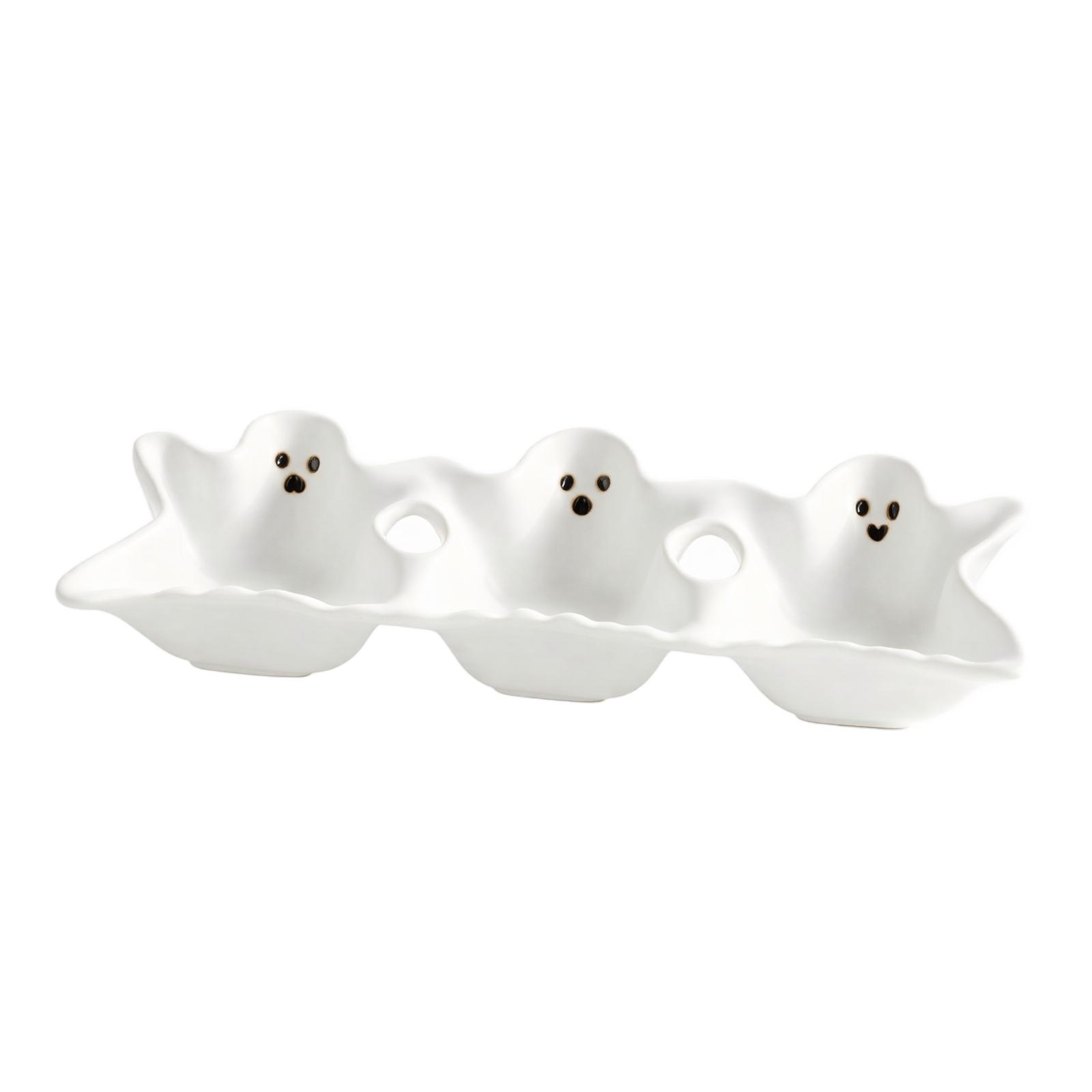 Ceramic Halloween Ghost Shaped Condiment Tray Triple Section Serving Dish for Sauce Dips and Snacks Tableware One Size