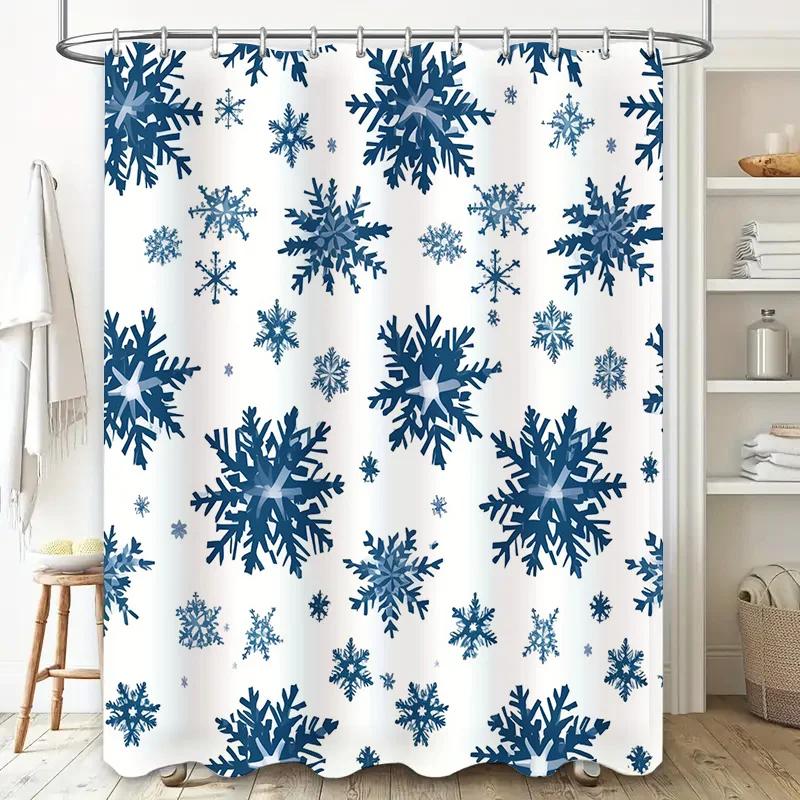 Schneeflocken Duschvorhang Wasserdicht Badezimmer Deko Blau Weiß Muster Haus Bad