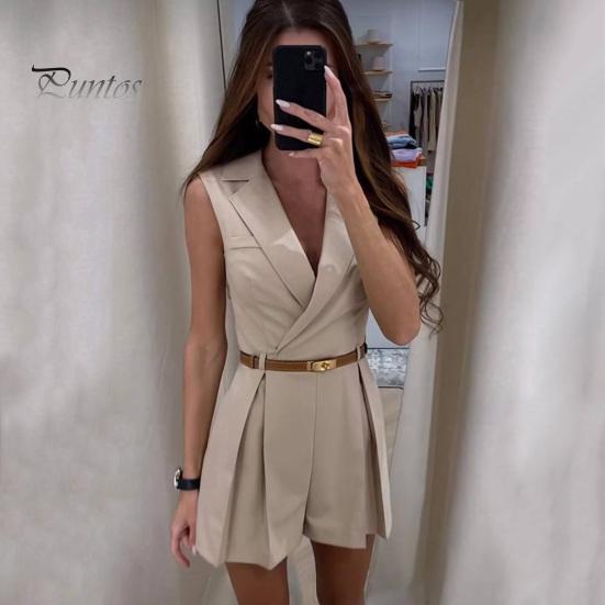 Dámský letní overal s límcem do V, jednobarevný plisovaný Slim Fit bez rukávů OL Formální styl pro dojíždění Měkký overal v délce nad kolena (Pás Ne