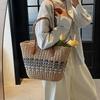 Women'S Casual Handmade Straw Tote Bag Summer Beach Lightweight Woven Large Capacity Zipper Shoulder Messenger Bag CLE