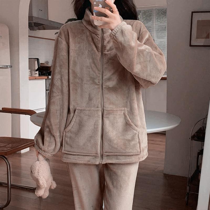 Women Sleepwear Winter Home Wear Thicken Pajamas Set Warm Coral Fleece High Collar