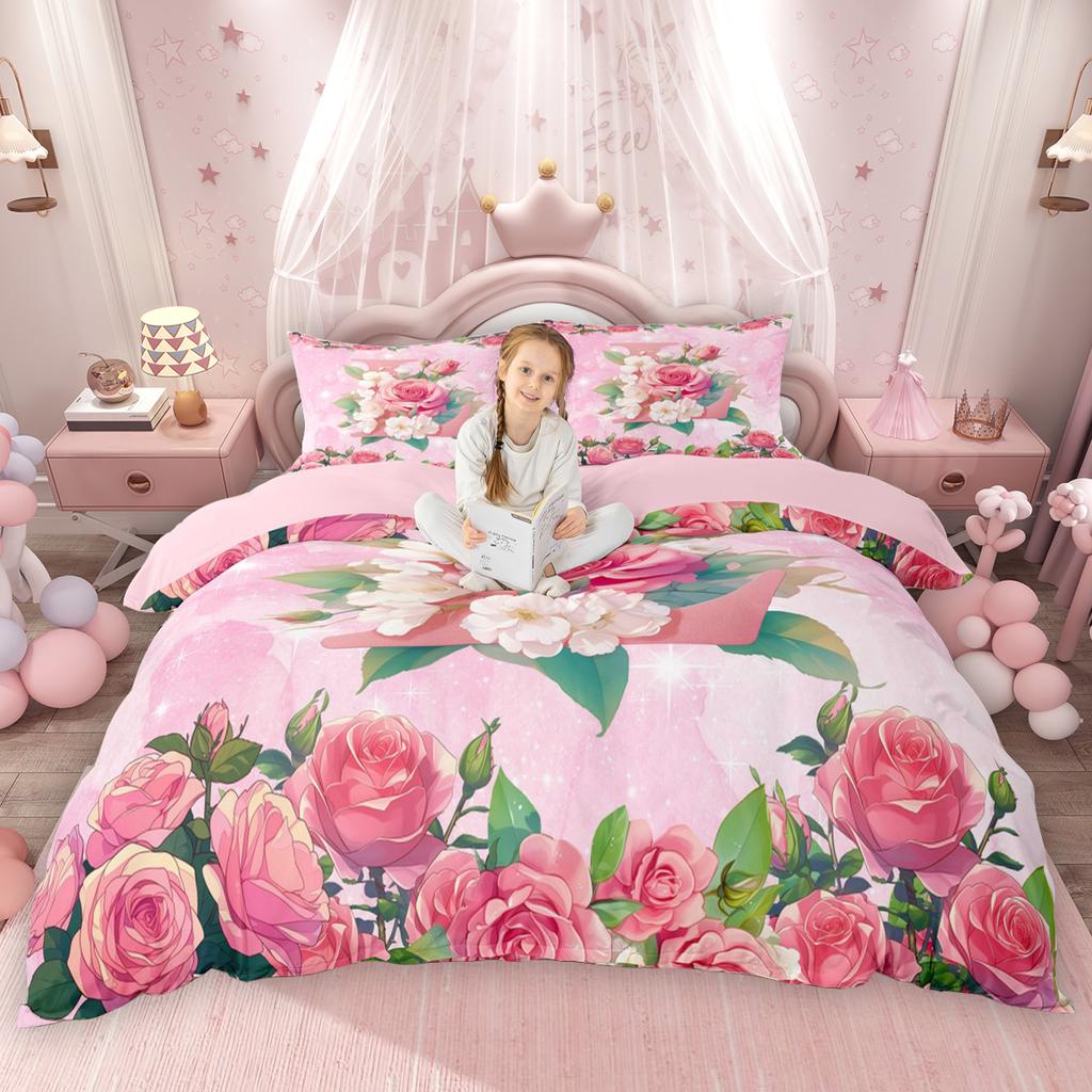 Homewish Girly Cute Pink Duvet Cover Set For Kids Girls Initial Letter A To T Bed Set Chic Floral Flower Quilt Cover Set