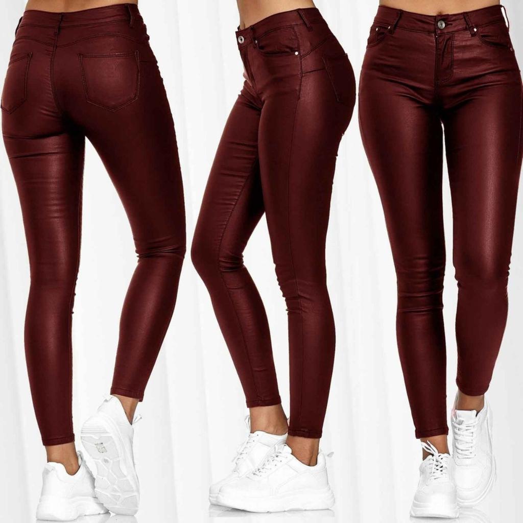 Pantaloni Skinny Donna Vita Alta Colore Unico Ecopelle Pantaloni Moda Casual