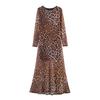 Spring and summer new fashion temperament classic leopard print round neck long sleeve mesh slim long dress
