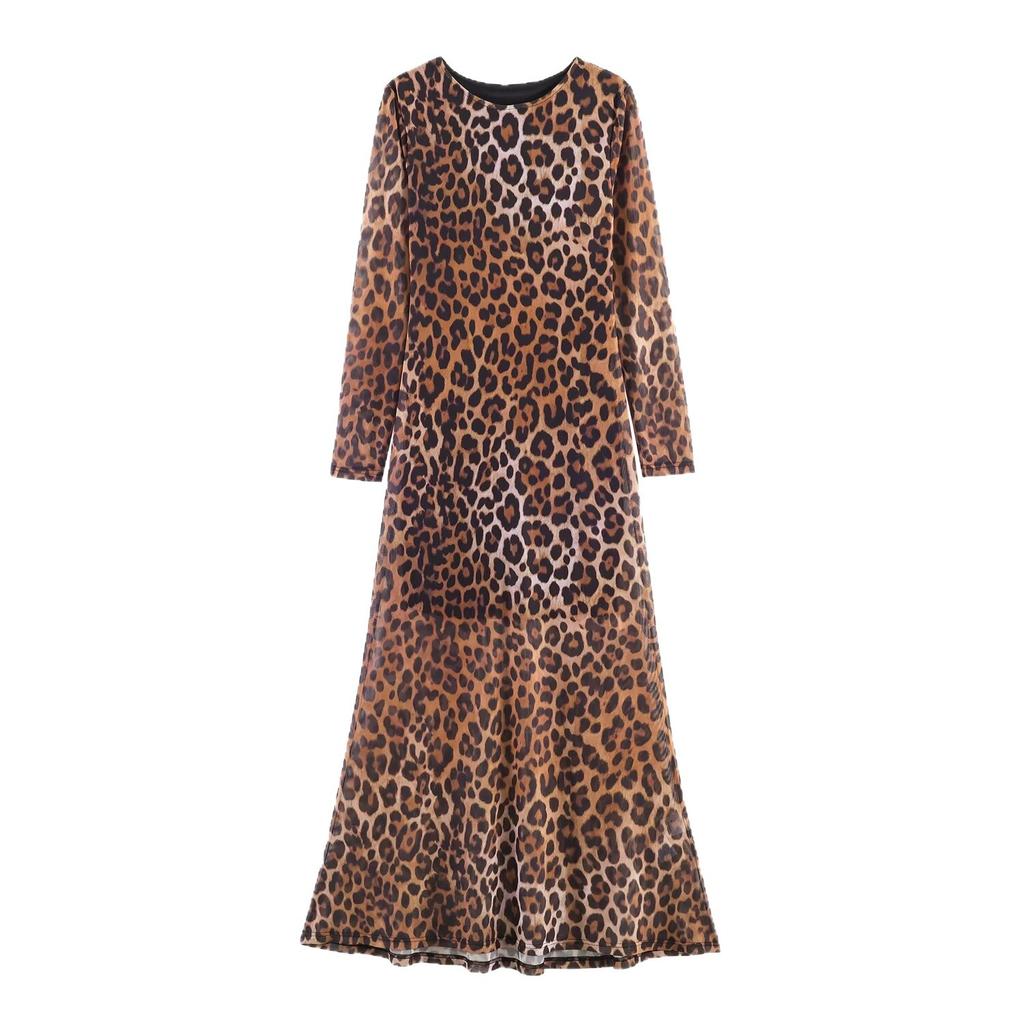 Spring and summer new fashion temperament classic leopard print round neck long sleeve mesh slim long dress