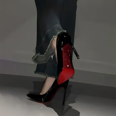 Red Sole High Heels Women's Thin Heels Black Side Space with Rhinestones Temperament Celebrity Nude Pointed Head New