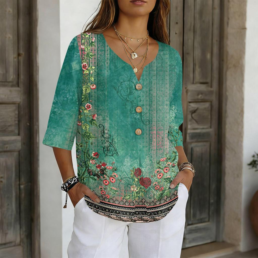 Damenhemden Elegante Freizeit-T-Shirts 3/4-Ärmel Tunika-Oberteile Basic-T-Shirts Pullover Arbeitsblusen