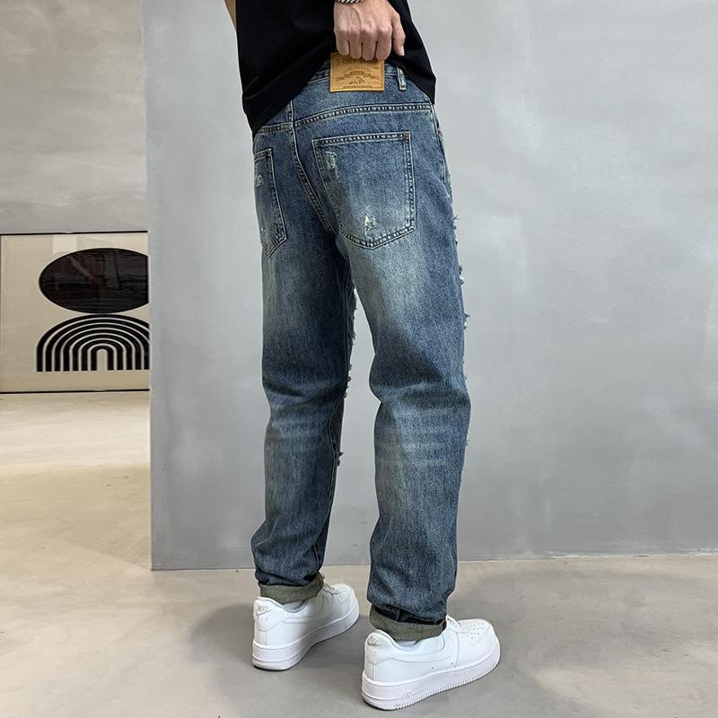 Heavy industry washed denim tide brand American heavy industry jeans ripped patch old hip hop loose scum trousers