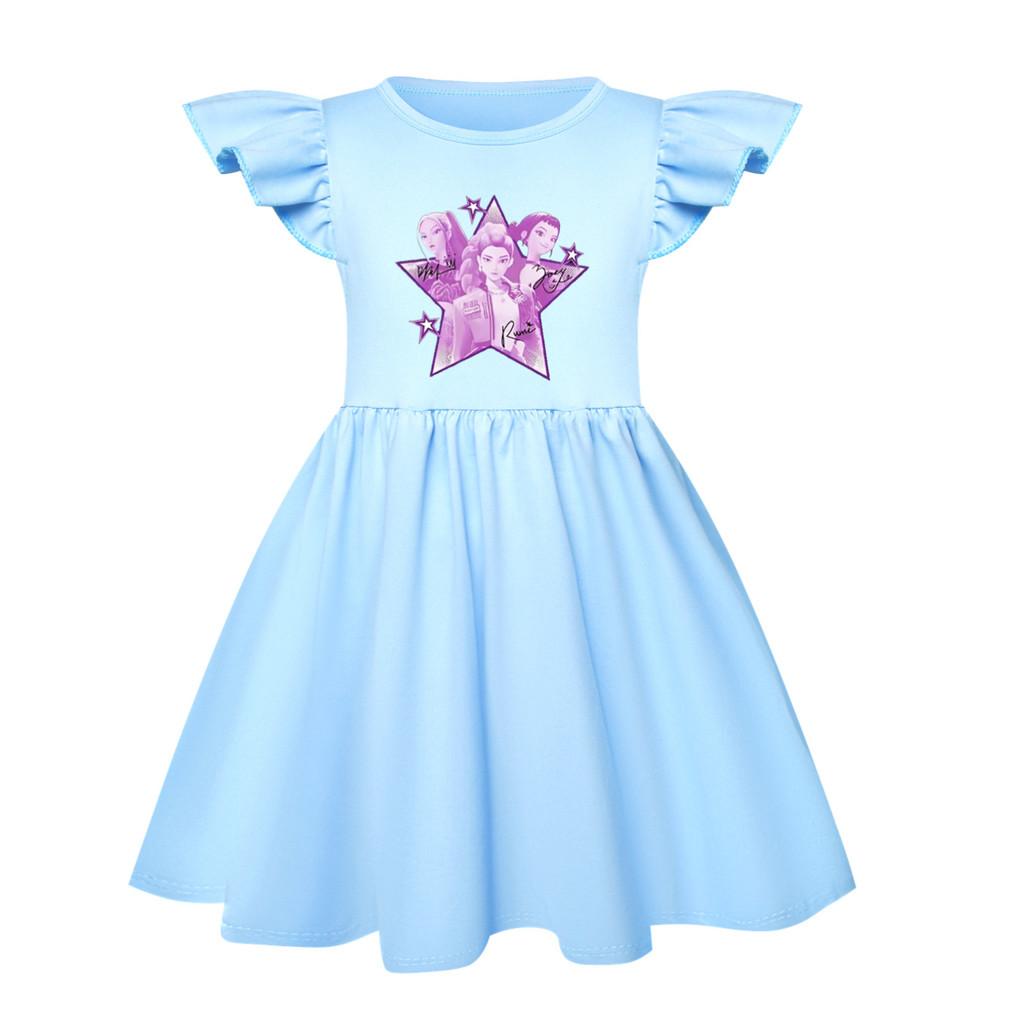 

5168 Kids Girls Mira Zoey Rumi Printed Ruffle Short Sleeves Casual Dress 150cm светло-синий