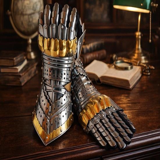 

HandForged Medieval Steel Gauntlets with Brass Accents, Functional LARP Armor