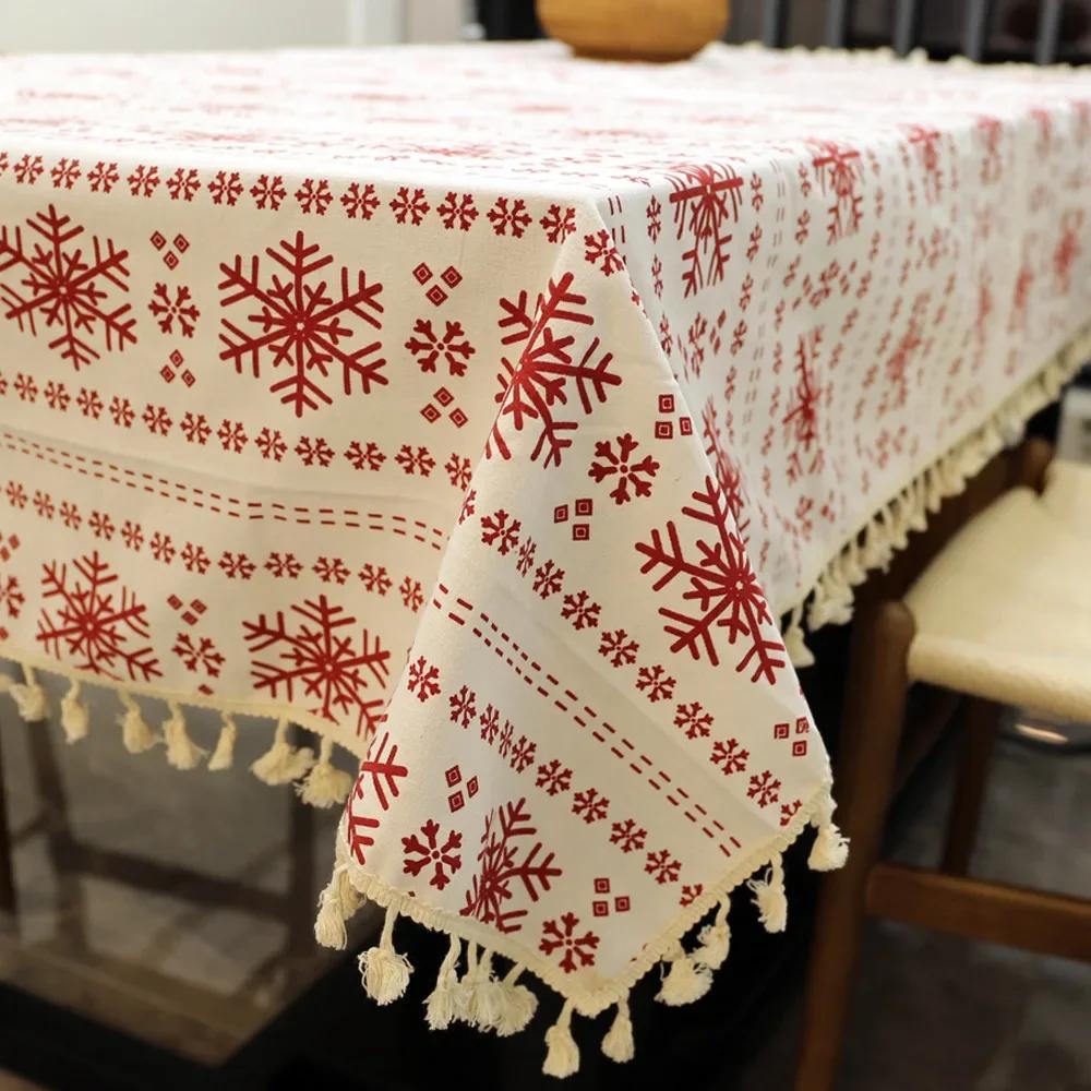 Red Snowflakes Christmas Table Cloth Customizable Linen Cotton Tablecloth for Wedding Banquet Party Kitchen Washable Table Cove