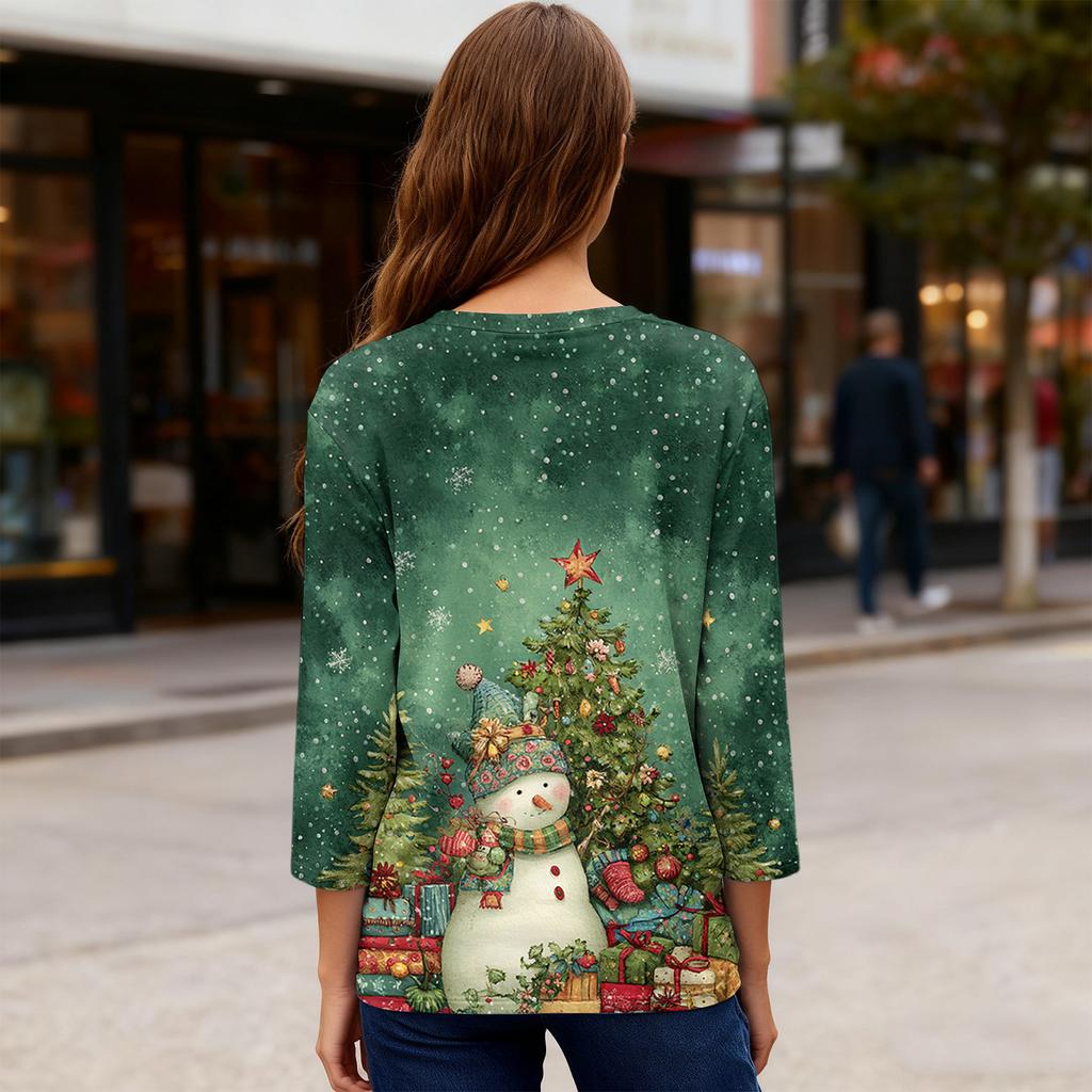 3/4 Sleeve Shirts For Women Print Christmas Tees Blouses Casual Plus Size Basic Tops Pullover