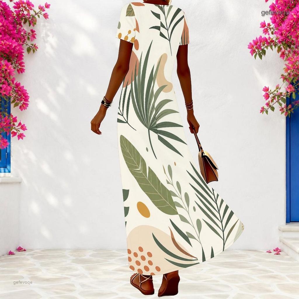 Women Plus Size V Neck Short Sleeve Fruit Printed Maxi Dress