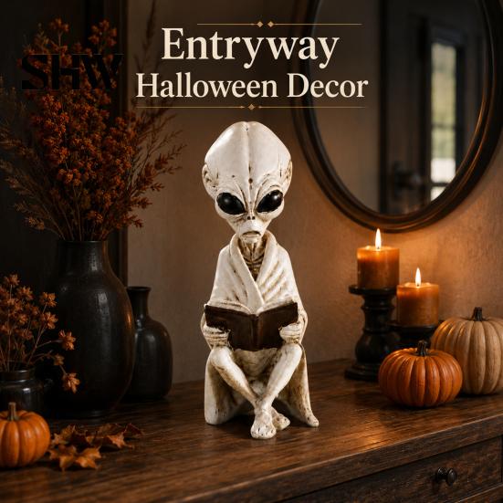 Trendy Play Science Fiction Items Alien Sitting Resin Skeleton Statue, Retro Book Sci-Fi Dark Halloween Ornament, Sci-fi Desktop Decor Durable