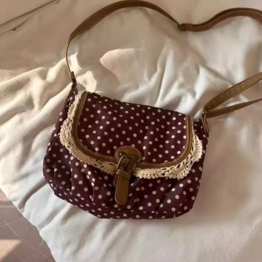 

Cute Dot Lace Underarm Bag Women New Vintage Canvas Handbag Harajuku Aesthetic Japanese Style Sweet Brown Shoulder Bags Ladies 27x17x10cm