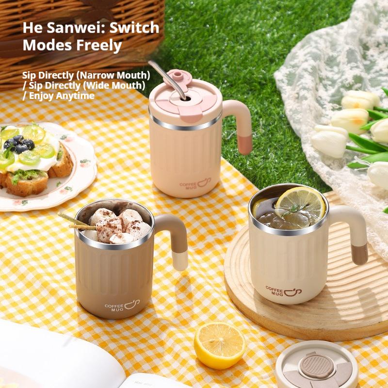 480ML Leakproof Thermo Mug with Handle 304 Stainless Steel Coffee Mug with Straw Double Wall Vacuum Water Cup Travel Milk Cup