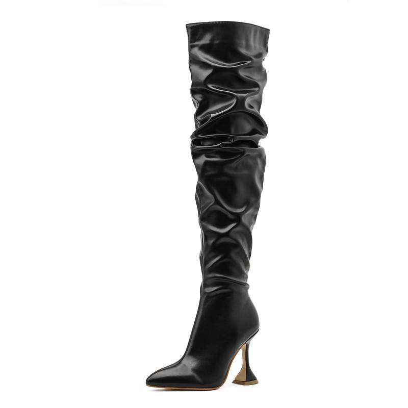 

Fashion Pleated Soft Leather Autumn Winter Women Thigh High Boots Elegant Pointed toe High heels Red Over the knee Boots Shoes 35
