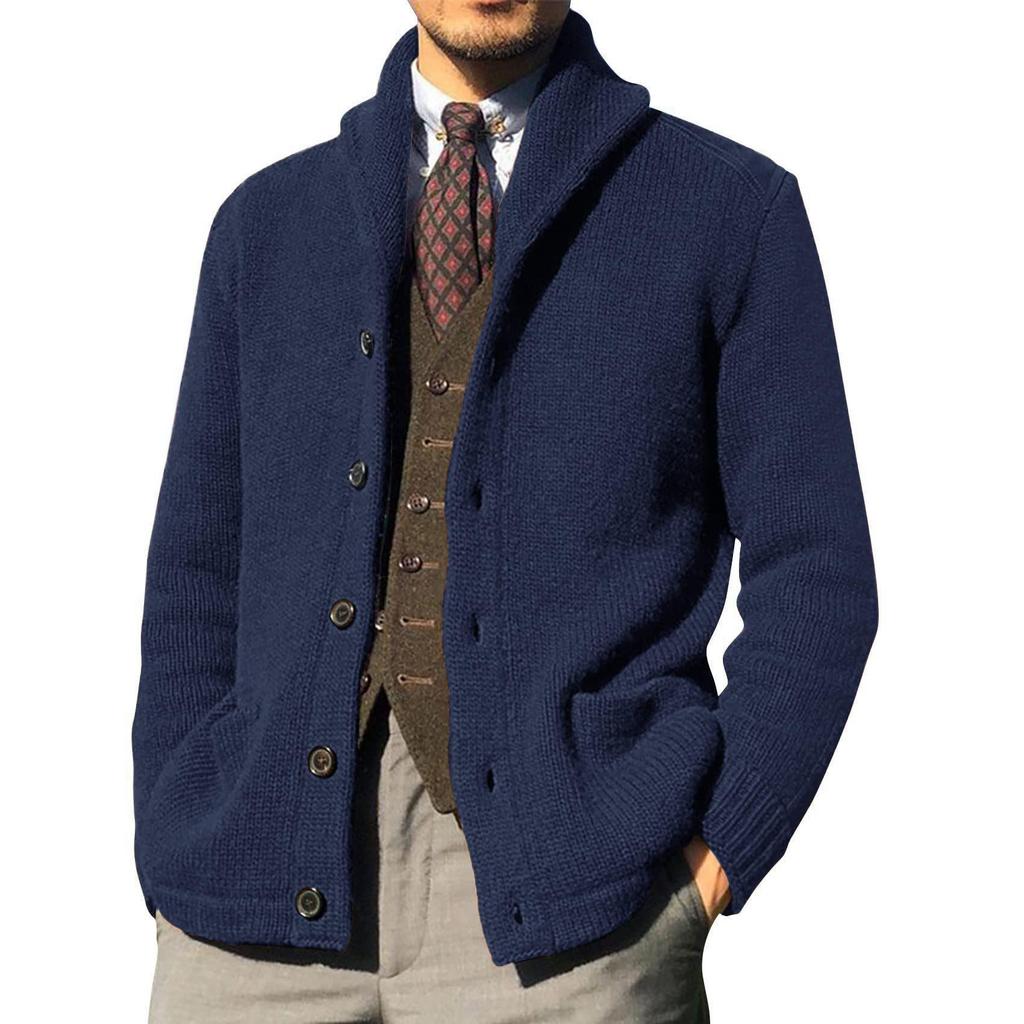 Men's Lapel Solid Color Knit Cardigan Sweater - Casual Autumn/Winter Outerwear