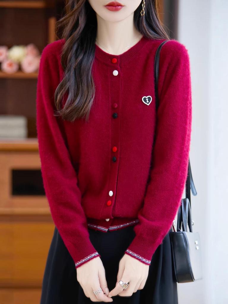 Women's Loose Round Neck Wool Cardigan with Colorful Buttons