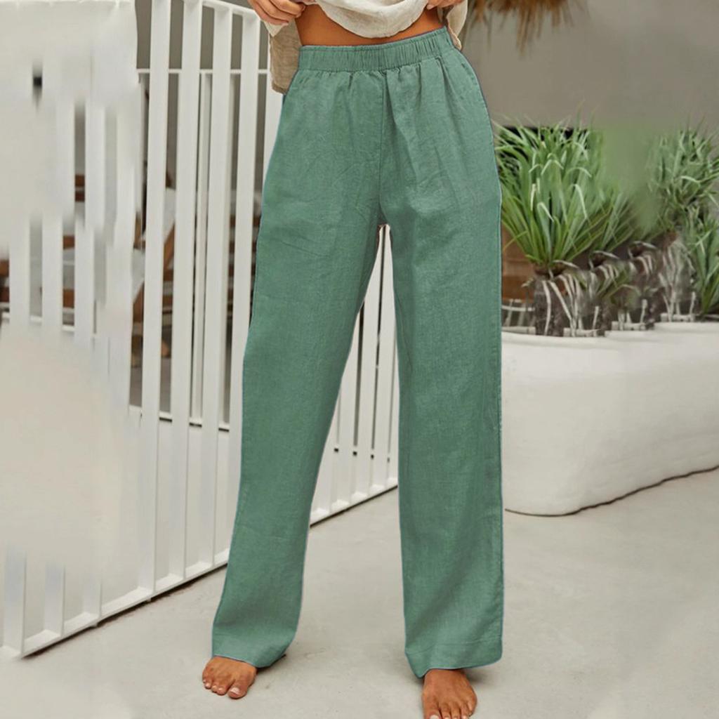 Pantaloni Casual da Donna alla Moda, Colorati, Vita Elastica, Cotone e Lino, Gamba Dritta Larga