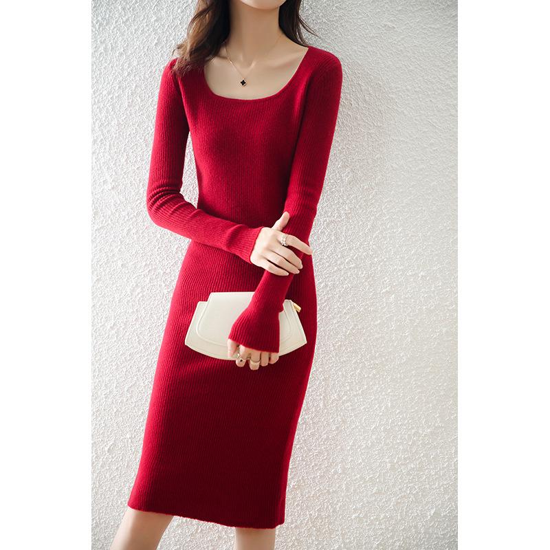 Autumn/Winter 2021 Long-Sleeve Square Collar Knit Wool Dress for Women - Knee-Length