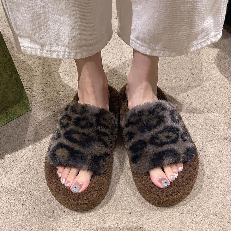 High Sense Leopard Print Fluffy Slippers Women 2025 Autumn and Winter New Small High Heels Fleece Explosion Internet Celebrity Cotton Drag Women