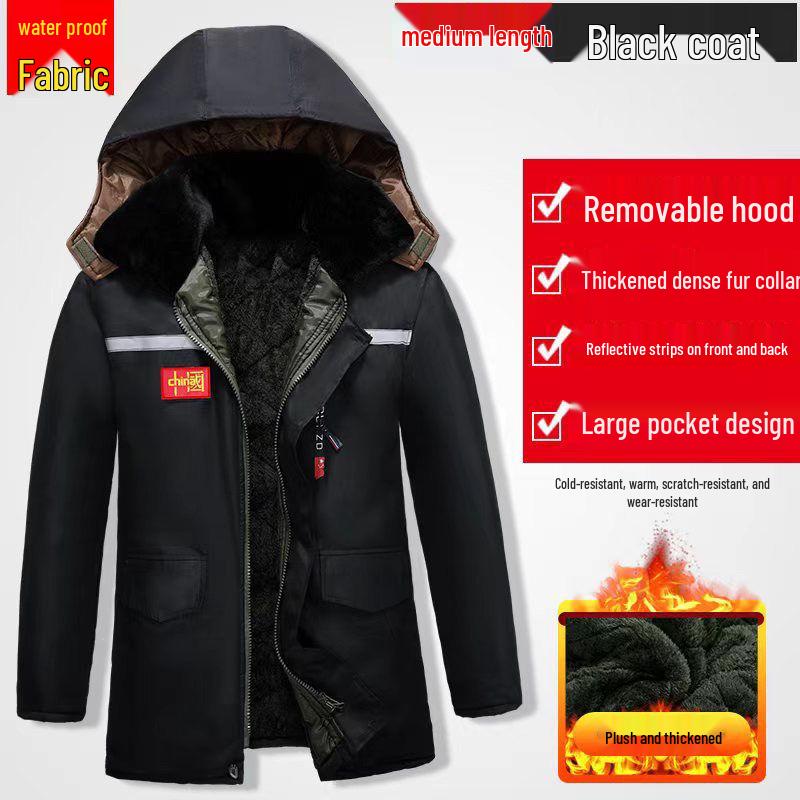 Men's Mid-Length Fleece-Lined Camouflage Overcoat - Windproof, Cold-Resistant, Waterproof, Cotton-Padded for Winter and Labor Protection.