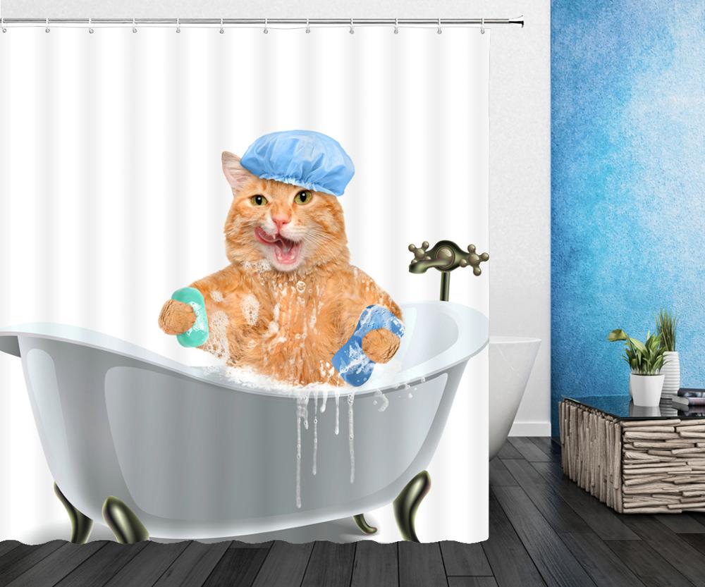 Cat Shower Curtains Bathroom Shower Curtain Cute 3D Fabric Shower Curtain With Hooks Funny Waterproof Shower Curtain Or Mat