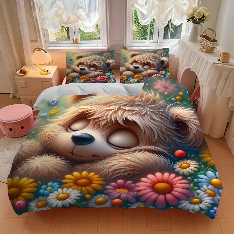 3pcs Anime Cartoon Teddy Bear Bedding Set - Includes One Quilt Cover and Two Pillowcases (No Core) - Home Decor, Festival Gift, Polyester Fa