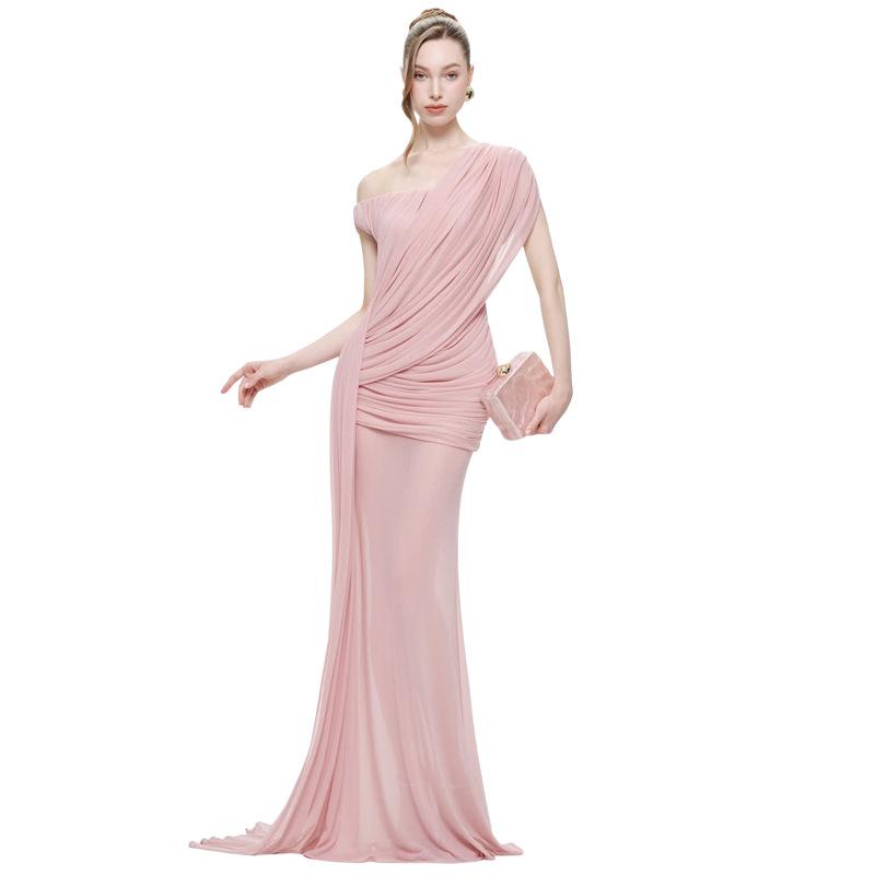 2026 European and American summer new pleated solid color fashion slanted shoulder slightly transparent light luxury slim temperament dress