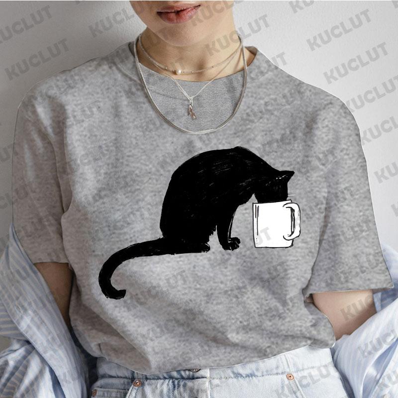 T-Shirt für Damen Schwarze Katzen Print Mode T-Shirt Lässig Rundhals Kurzarm Streetwear Damen T-Shirt Vintage Tee Oberteile