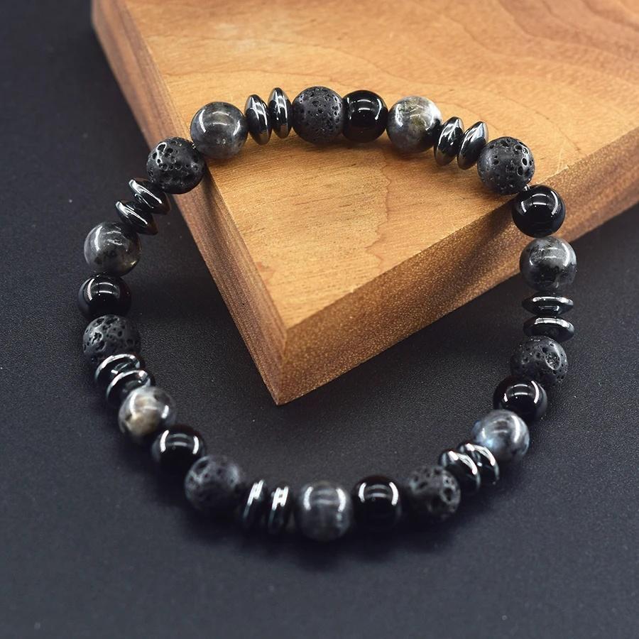 Klassisches Schwarzes Natürliches Labradorit Vulkangestein Perlen Armband Damen Herren Spiritueller Schutz und Energetische Balance Schmuck