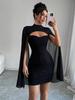 Women's Round Neck Hole Striped Pearl Mesh Cape Bodycon Dress