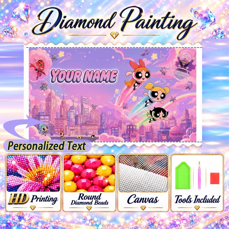 The Powerpuff Girls 5D DIY Diamond Painting Custom Name Text, Full Drill Rhinestone Mosaic Art Home Gift