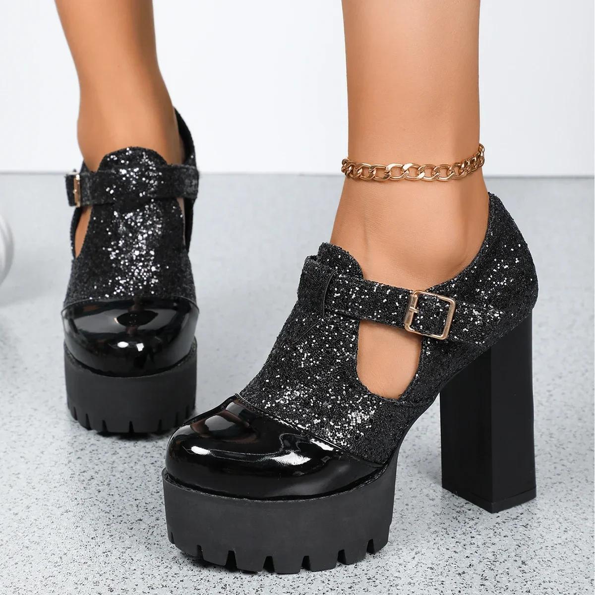 

Fashion Sexy Sequined Cloth Super High Heel Pumps Loafers Women 2025 Autumn Chunky Platform Metal Buckle Pumps Fashion Dress Party Shoes 42