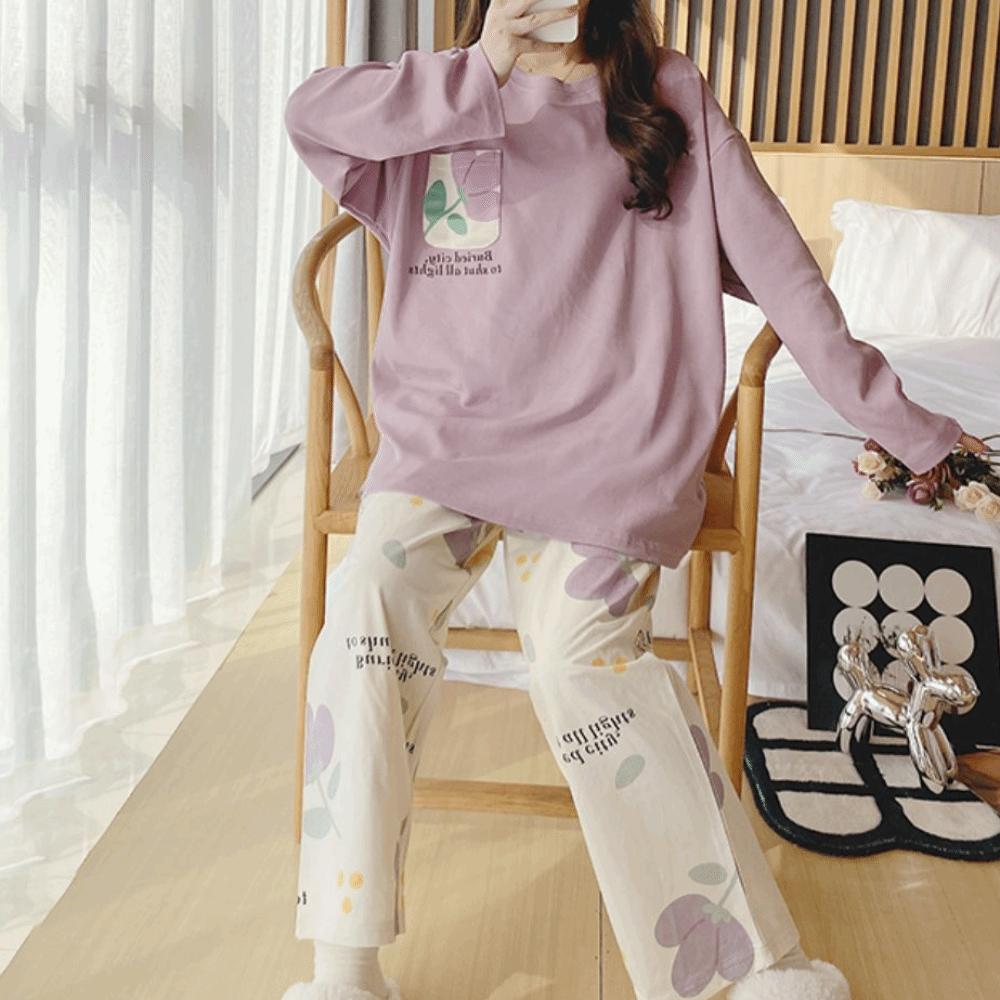 Loose Fit Maternity Pajamas Long-Sleeved Pajama Suit Sweet Homewear Suit  Autumn Season