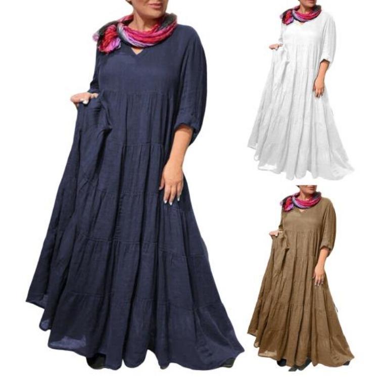 Summer Vacation Maxi Dress for Women V Neck Long Sleeve Solid Color with Ruffle Stitching and Pleated Hem