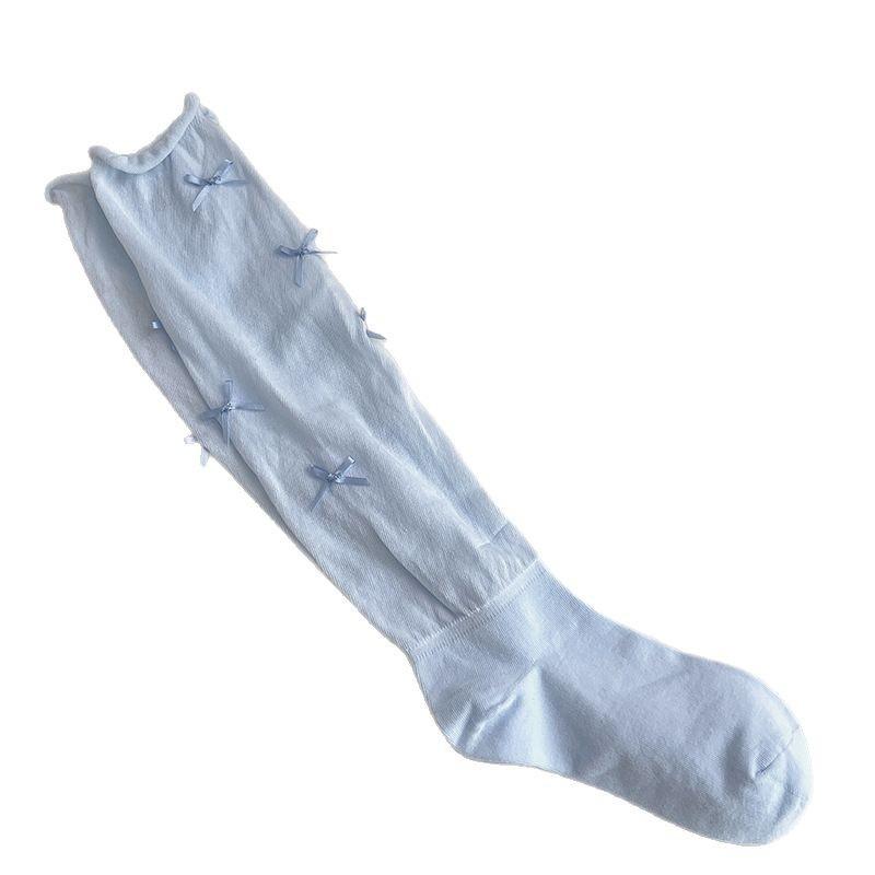 Vita vadstrumpor för damer, vår och sommar, balettstil, med rosett, mitt på vaden, med Mary Jane-strumpor