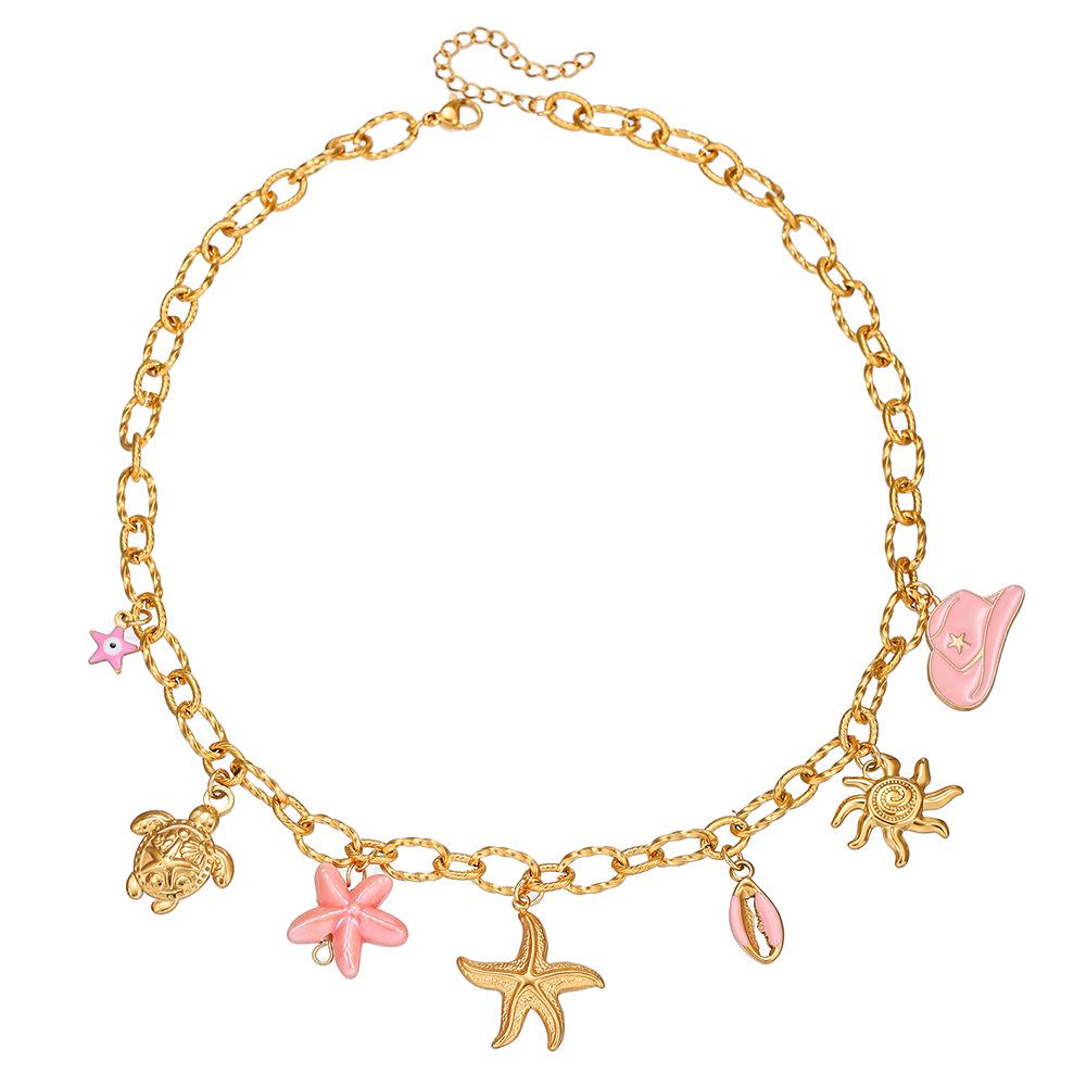 Summer Starfish & Pearl Heart Sea Turtle Pendant Necklace - Dopamine Stainless Steel Clavicle Chain