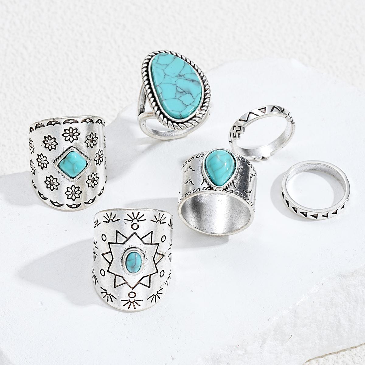 

10pcs Trendy Western Style Rings Set for Women Men Vintage Turquoise Bull Head Lotus Sun Design Ring Daily Outfits Jewelry Gifts
