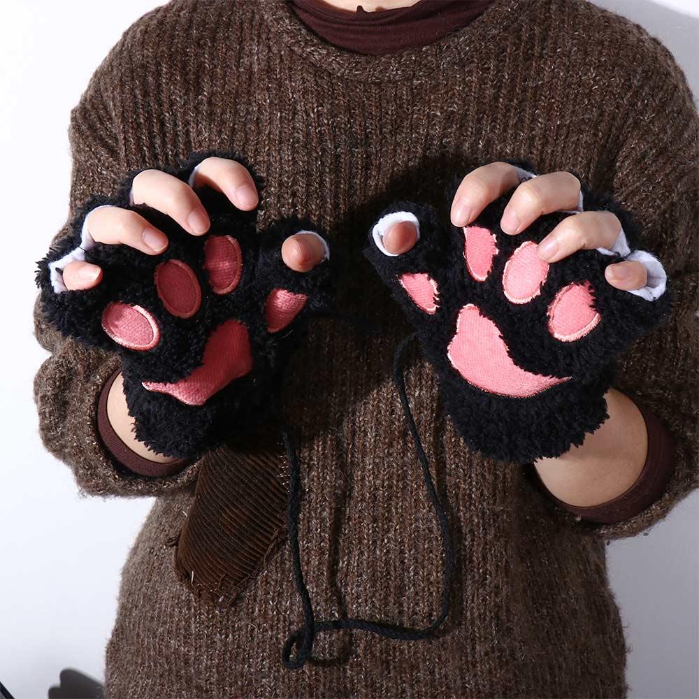 Cute Girl Lovely Claw Cat Plush Warm Fluffy Soft Bear Paw Fingerless Winter Gloves
