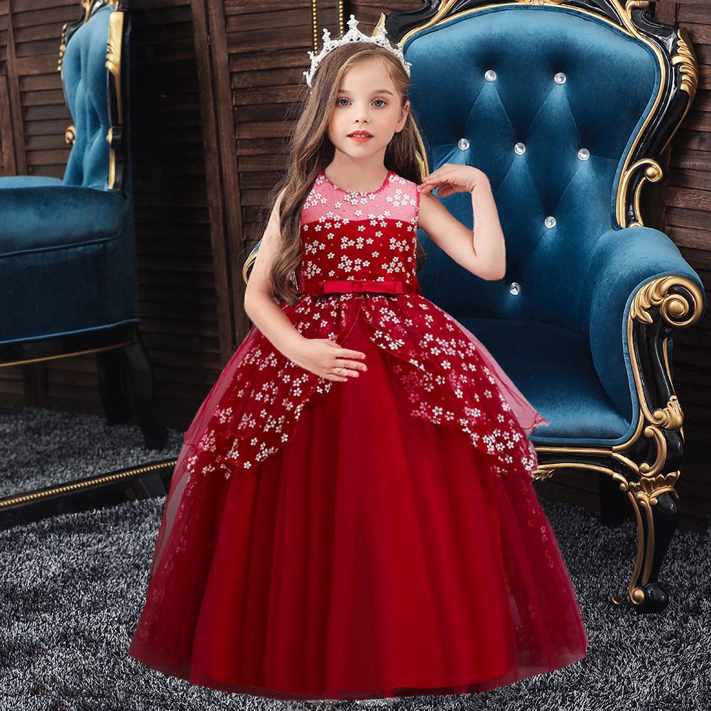European & American Girls' Lace Flower Princess Dress with Bow & Small Train